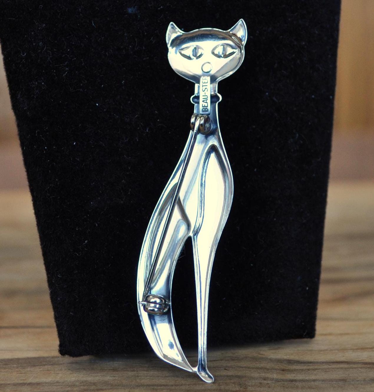 Vintage Beau Sterling Silver Sitting Cat Brooch - Mid-Century Pin - Beau-Ster Signed Sterling Silver 925 Cat Pin - Vintage Cat Pin Brooch