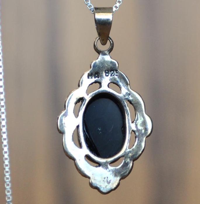 Vintage Art Deco Sterling Silver Black Onyx Marcasite Necklace - Art Deco "HA" Signed Sterling Oval Black Onyx Marcasite Pendant Necklace