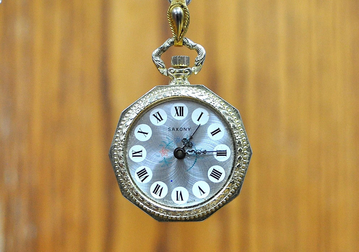 Vintage Saxony Gold-Toned Floral Mechanical Watch Pendant - Not Working - Vintage Saxony Wind-Up Swiss Made Ladies Watch Pendant Need Repair