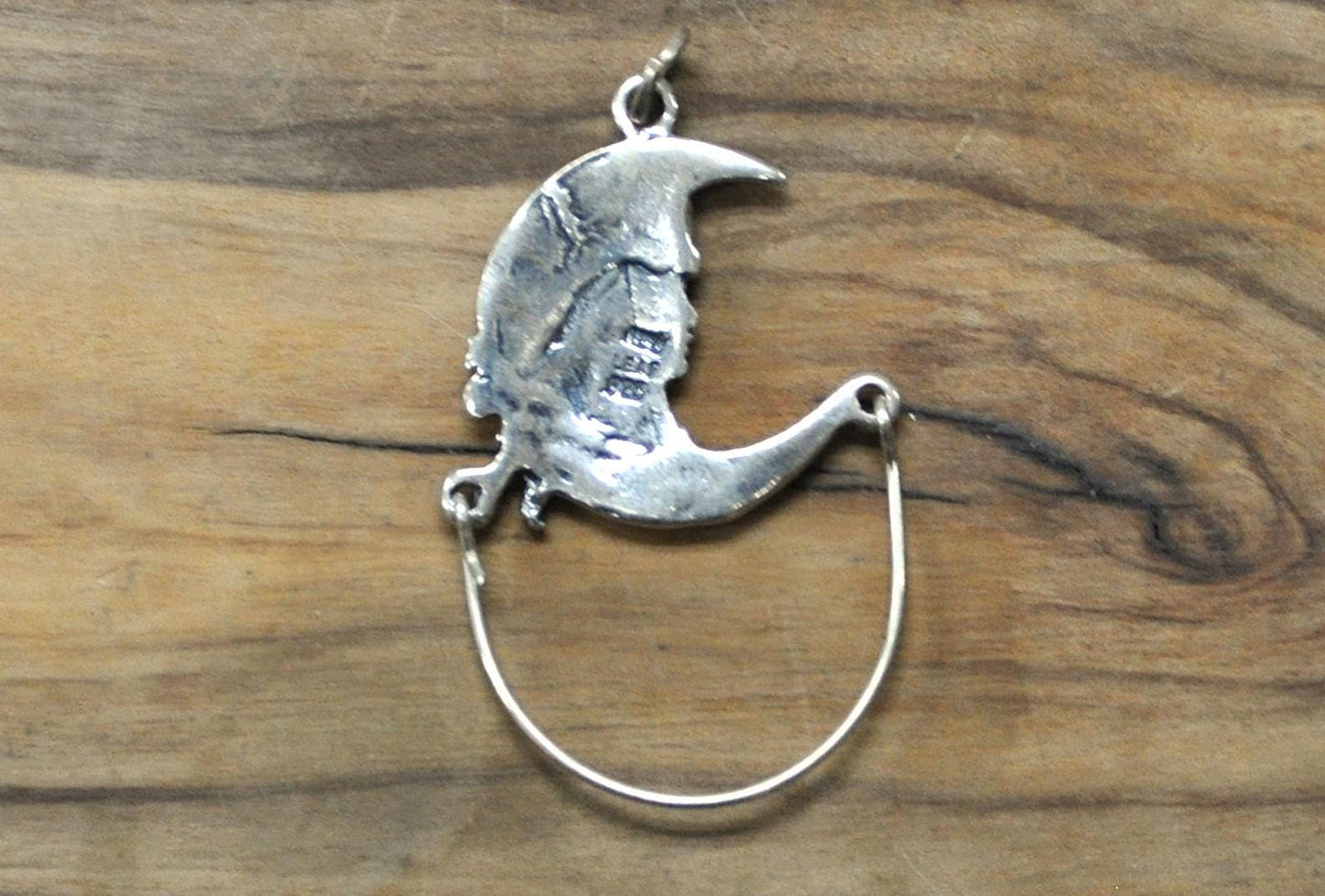 Vintage New Leaf Sterling Silver Girl on Moon Charm Holder - New Leaf Signed Sterling Charm Holder - Vintage Girl Crescent Moon Charm Holder