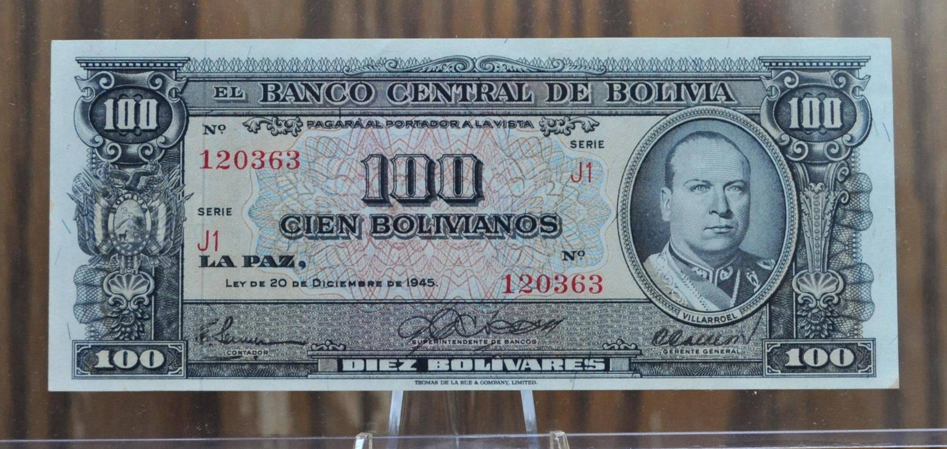 1945 Bolivia 100 Bolivianos /10 Bolivares Note - Uncirculated Grade - Series J1 - UNC 1945 Bolivian One Hundred Bolivianos Note - P#147