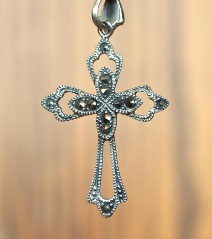 Vintage Marsala Co. Openwork Sterling Marcasite Cross Pendant - Signed MC - Vintage Marsala Sterling Silver 925 Openwork Cross Necklace