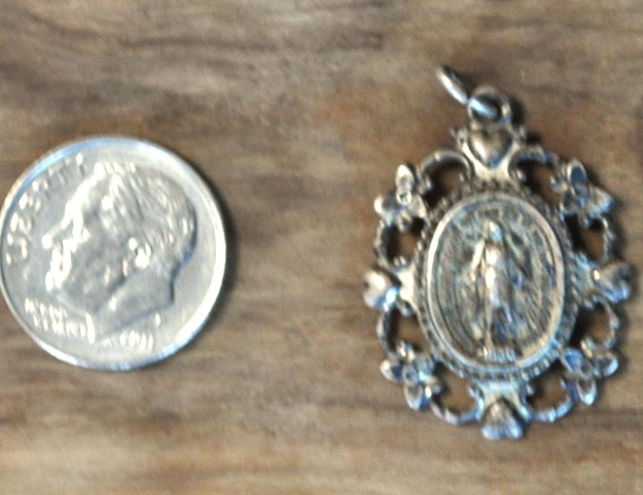 Antique HMH Religious Mary Mother of Jesus Pendant 1830 - Catholic Miraculous Pendant Silver - Religious Medal - Virgin Mary Silver Charm