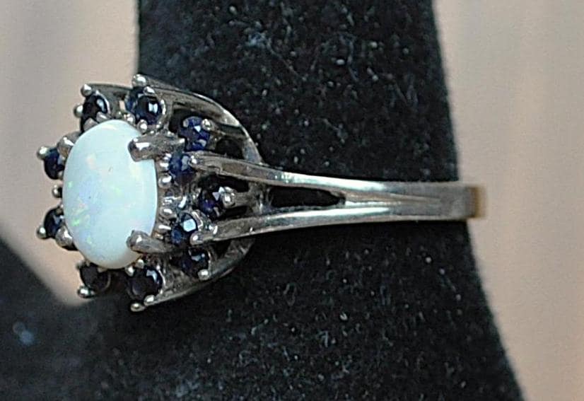 Antique Opal and Blue Sapphire Gemstone Sterling Silver Ring - Size 8.5 - Truth, Loyalty, Creativity, Oval Cut