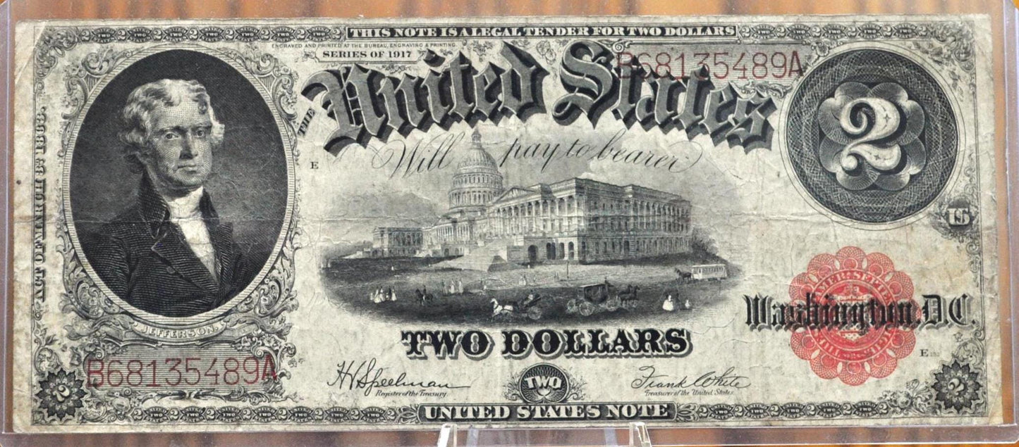 1917 2 Dollar Bill - F (Fine) Grade / Condition - Rarer Note - 1917 Horse Blanket Note Two Dollar Bill Bracelet back Fr#60 Fr60
