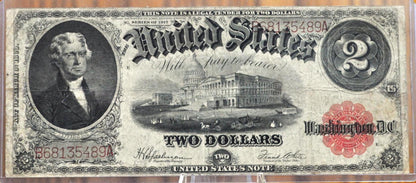 1917 2 Dollar Bill - F (Fine) Grade / Condition - Rarer Note - 1917 Horse Blanket Note Two Dollar Bill Bracelet back Fr#60 Fr60