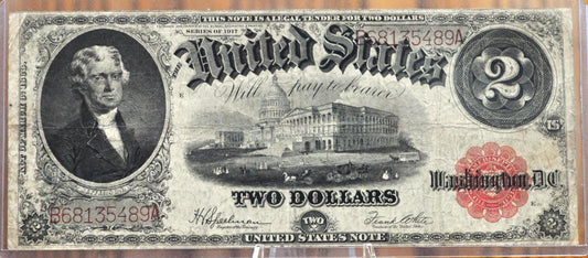 1917 2 Dollar Bill - F (Fine) Grade / Condition - Rarer Note - 1917 Horse Blanket Note Two Dollar Bill Bracelet back Fr#60 Fr60
