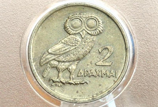 Greek Owl of Athena Coin - 2 Drachma - Phoenix Bird Design on the Reverse - 2 Drachmai Hellenic Republic Greece