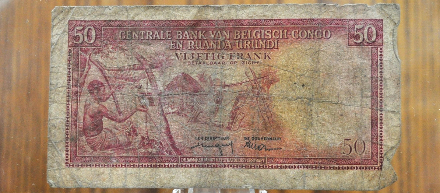 1959 Central Bank of Belgian Congo, Rwanda-Urundi 50 Francs Note - Belgium Congo Occupation - 1959 Belgian Congo Fifty Francs Note - P#32