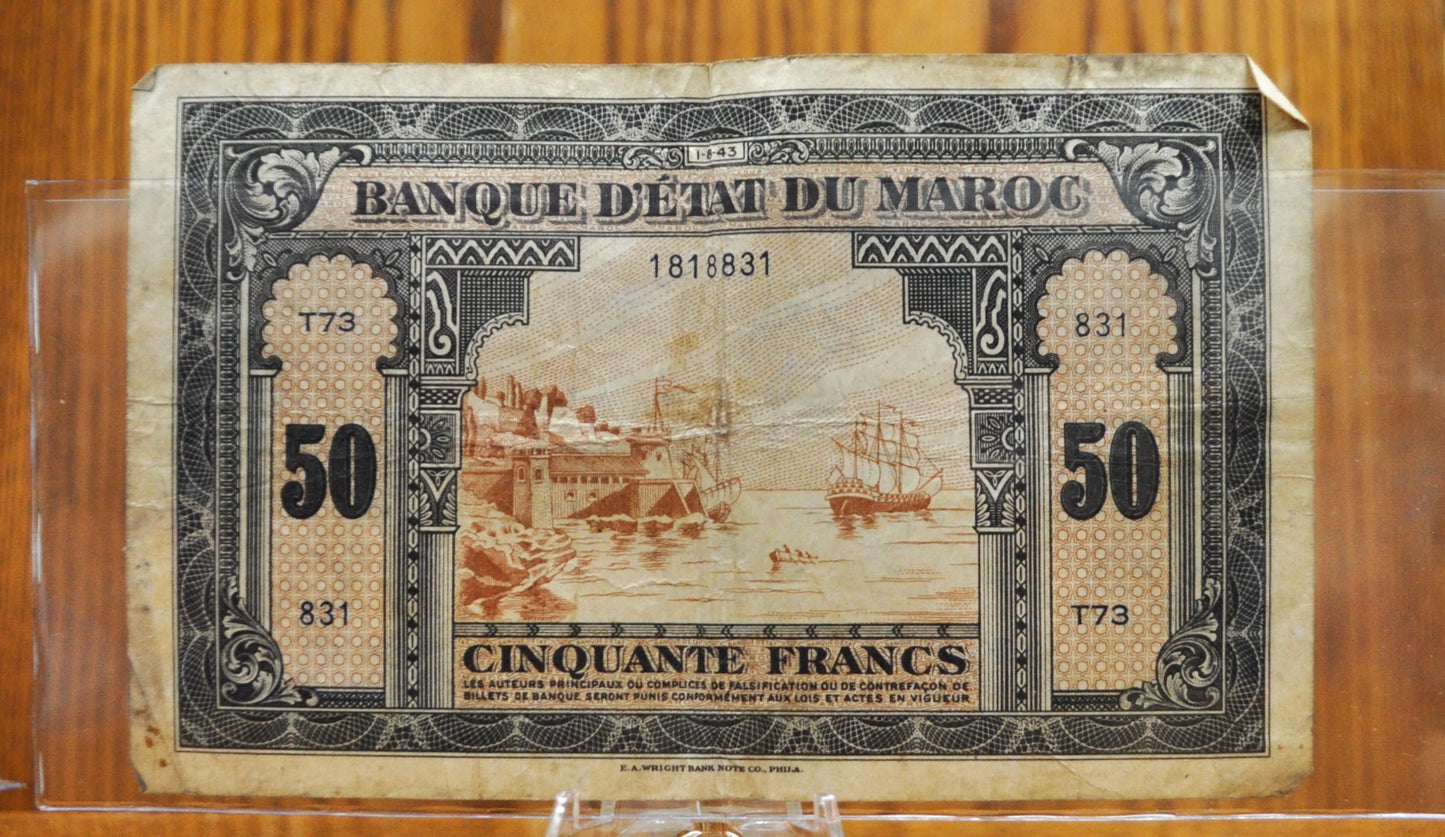 1943 Bank of Morocco 50 Franc Banknote - WWII Era Note, First Issue - Black Overprint - 1943 Banque Detat Du Maroc Fifty Francs Note - P#26a