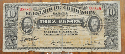 1914 Mexican Revolution Chihuahua 10 Pesos Note - Red Seal, Roman Numerals - 1914 Ten Pesos Mexico El Estado de Chihuahua Note - P#S533c