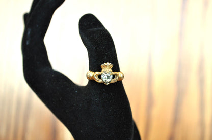 Vintage Avon Gold Toned Crystal Claddagh Ring - Irish Claddagh Ring - Size 8 - Avon Signed Gold-Toned Crystal Heart Crown Claddagh Ring