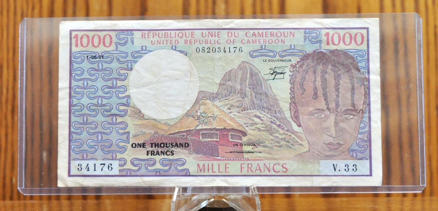 1984 Cameroon Republic 1000 Francs Note - Central African States Bank - VF+ Grade - Rarer 1984 Cameroun One Thousand Francs Note - P#21