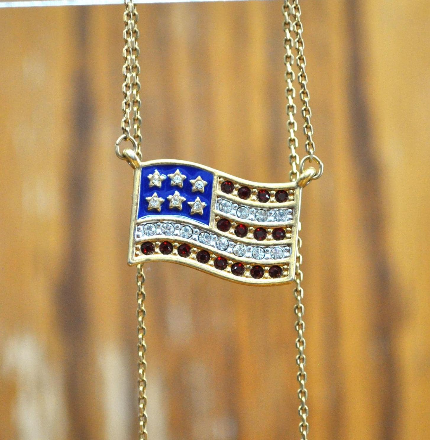 Vintage Avon Gold-Toned American Flag Rhinestone Pendant Necklace - Avon Signed Necklace - Avon Gold America Rhinestone Flag Necklace