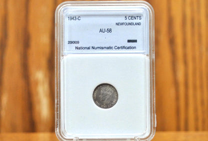 1943 Newfoundland 5 Cent - AU58 Grade / Condition - Beautiful Mint Luster - Five Cents Newfoundland 1943 - Sterling Silver