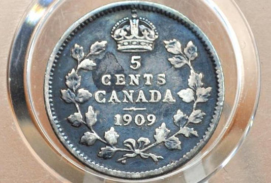 1909 Canadian Silver 5 Cent Coin - F (Fine) Condition - King George - Canada 5 Cent Sterling Silver 1909 Canada