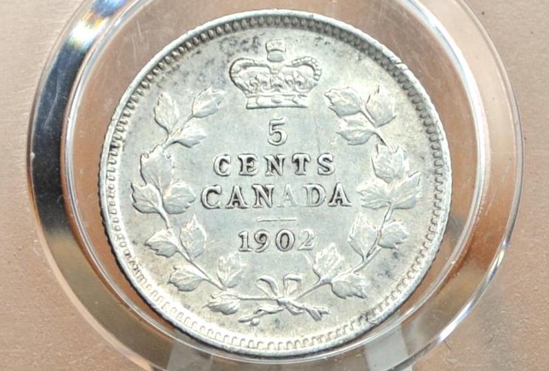 1902 Canadian Silver 5 Cent Coin - XF+ - King George - Canada 5 Cent Sterling Silver 1902 Canada - Lower Mintage