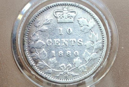 1880 Canadian Ten Cent - F (Fine) Grade / Condition - Obverse #2 10 Cent Canada 1880 10 Cent Silver - Queen Victoria, Low Mintage Coin