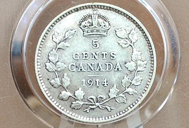 1914 Canadian Silver 5 Cent Coin - VF (Very Fine) Condition - King George - Canada 5 Cent Sterling Silver 1914 Canada