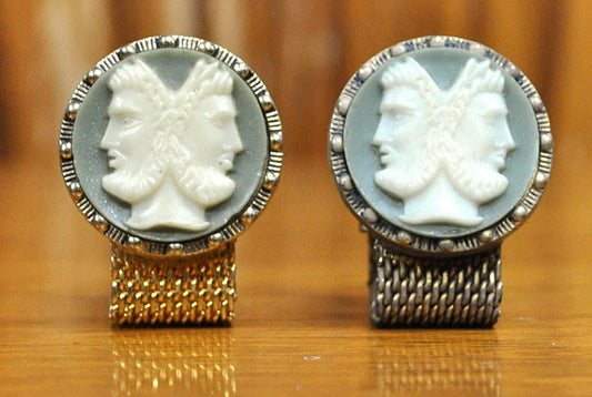 Vintage Swank Mesh Gold-Toned Faux Cameo Wedgewood Cuff-Links - Greek Cameo Wedgewood Design - Vintage Swank Gold Wrap-Around Cufflinks