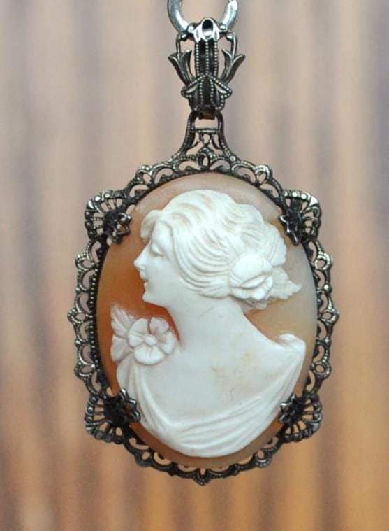 Antique Authentic Sterling Silver Cameo Pendant - Curved Back Carved Cameo - Vintage Victorian Woman Cameo Sterling Silver 925 Pendant