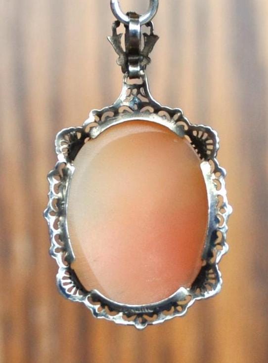 Antique Authentic Sterling Silver Cameo Pendant - Curved Back Carved Cameo - Vintage Victorian Woman Cameo Sterling Silver 925 Pendant