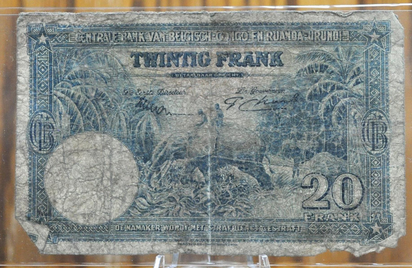 1952 Central Bank of Belgian Congo, Rwanda-Urundi 20 Francs Note - Rare 1952 Issue - F Grade - 1952 Belgian Congo Twenty Francs Note - P#23