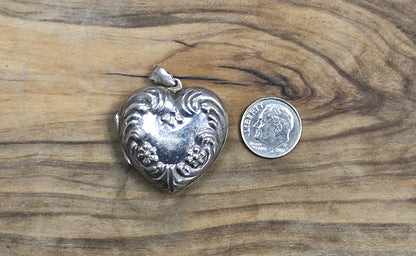 Vintage Sterling Silver Puffy Heart Locket Pendent - Floral and Scroll Design - Antique Large Lightweight Sterling 925 Flower Heart Locket