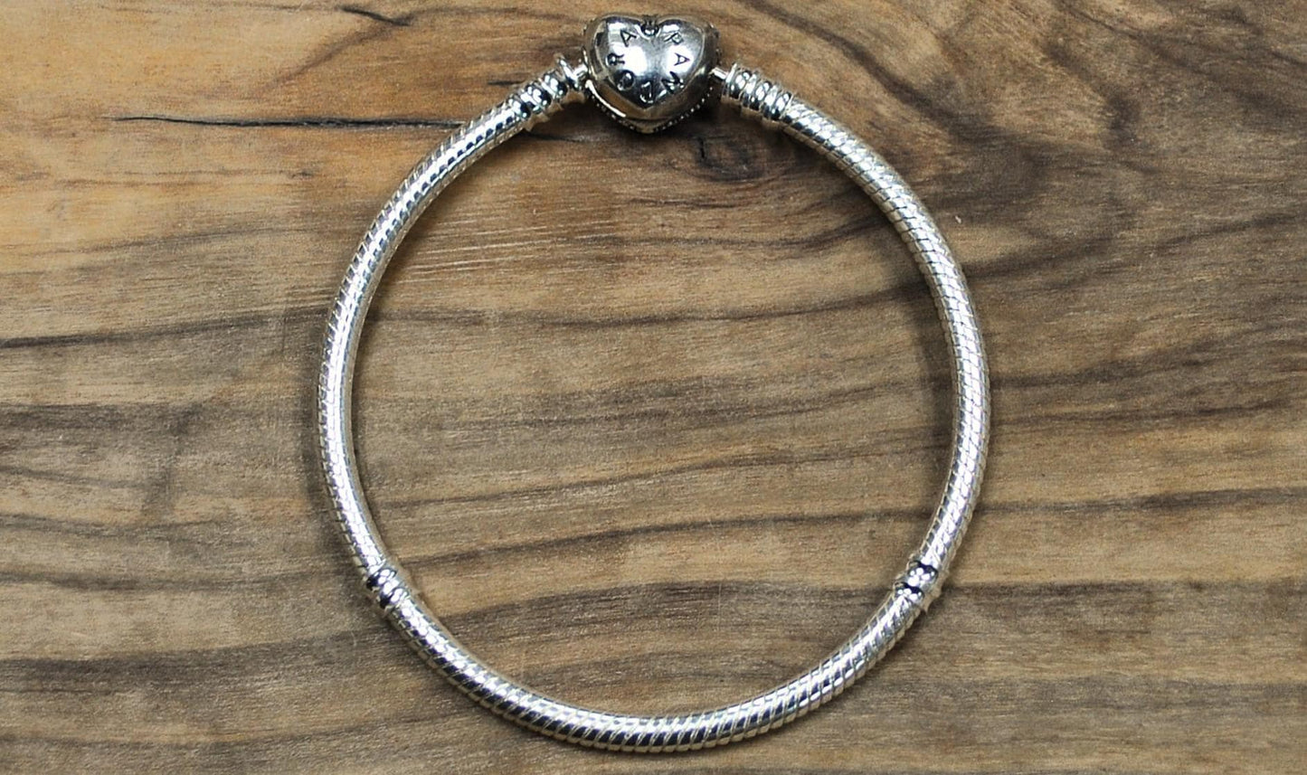 Authentic Pandora Silver Heart Clasp Bracelet - Signed Pandora Clasp - Studded Heart Design - Vintage Silver Pandora Heart Clasp Bracelet