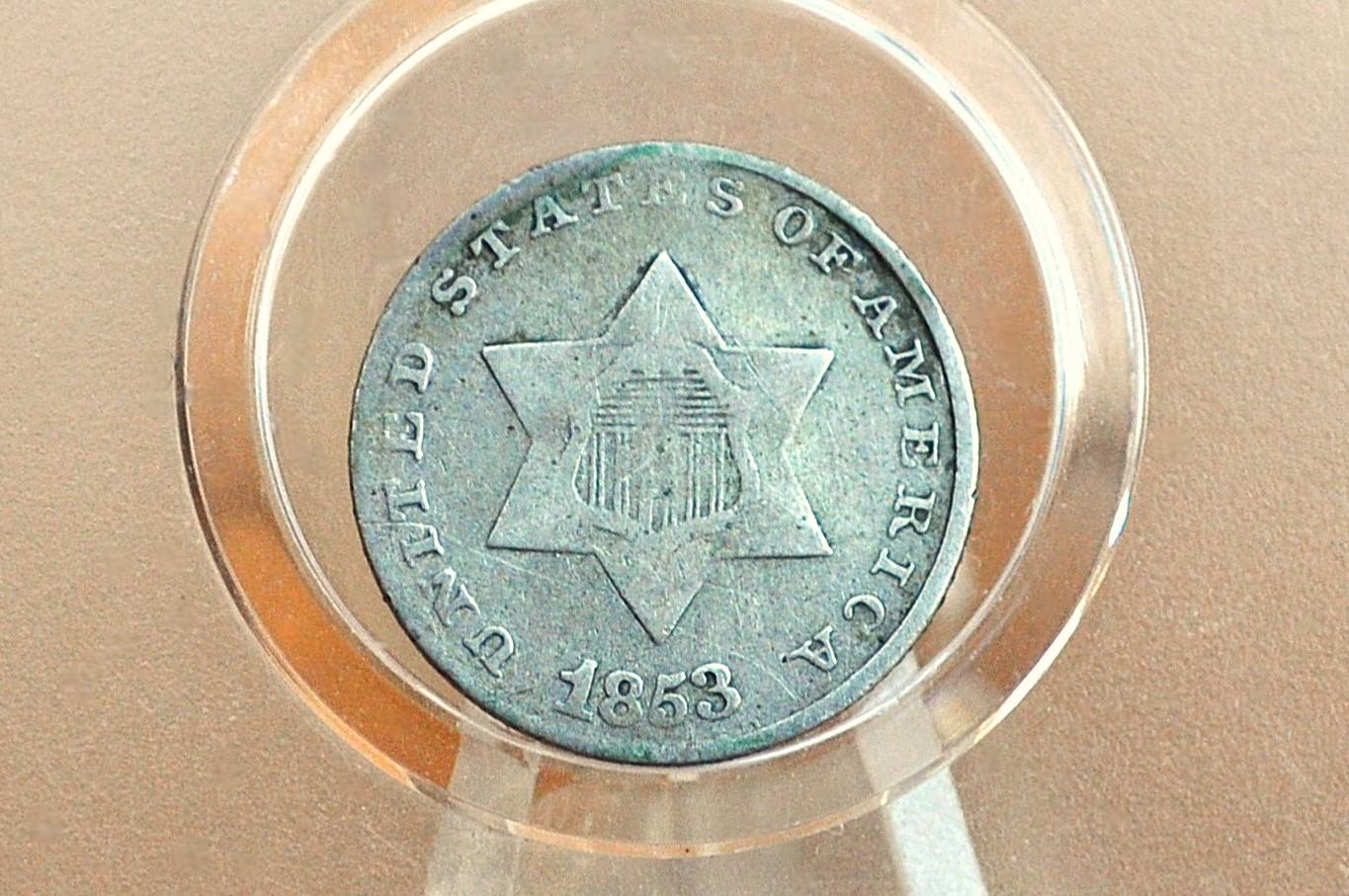 1853 Three Cent Silver US Coin - G (Good) Grade / Condition - 1853 3 Cent Trimes Silver 3 Cent Piece - Great Collection Piece