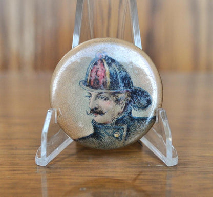 Antique Victorian Fireman Celluloid Lithograph Pinback Button - 1.5" Length - Vintage 1890s Mustache Firefighter Pin, Victorian Style