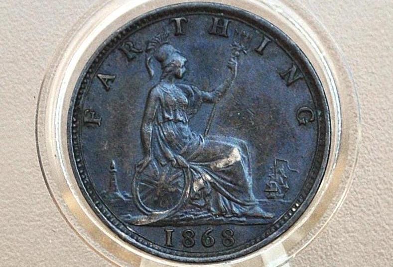 1868 Farthing Great Britain - Choice AU, Beautiful Coin - UK Farthing 1868 - Queen Victoria Young Head - Bronze