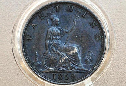 1868 Farthing Great Britain - Choice AU, Beautiful Coin - UK Farthing 1868 - Queen Victoria Young Head - Bronze