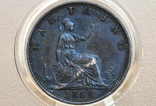 1868 Farthing Great Britain - Choice AU, Beautiful Coin - UK Farthing 1868 - Queen Victoria Young Head - Bronze