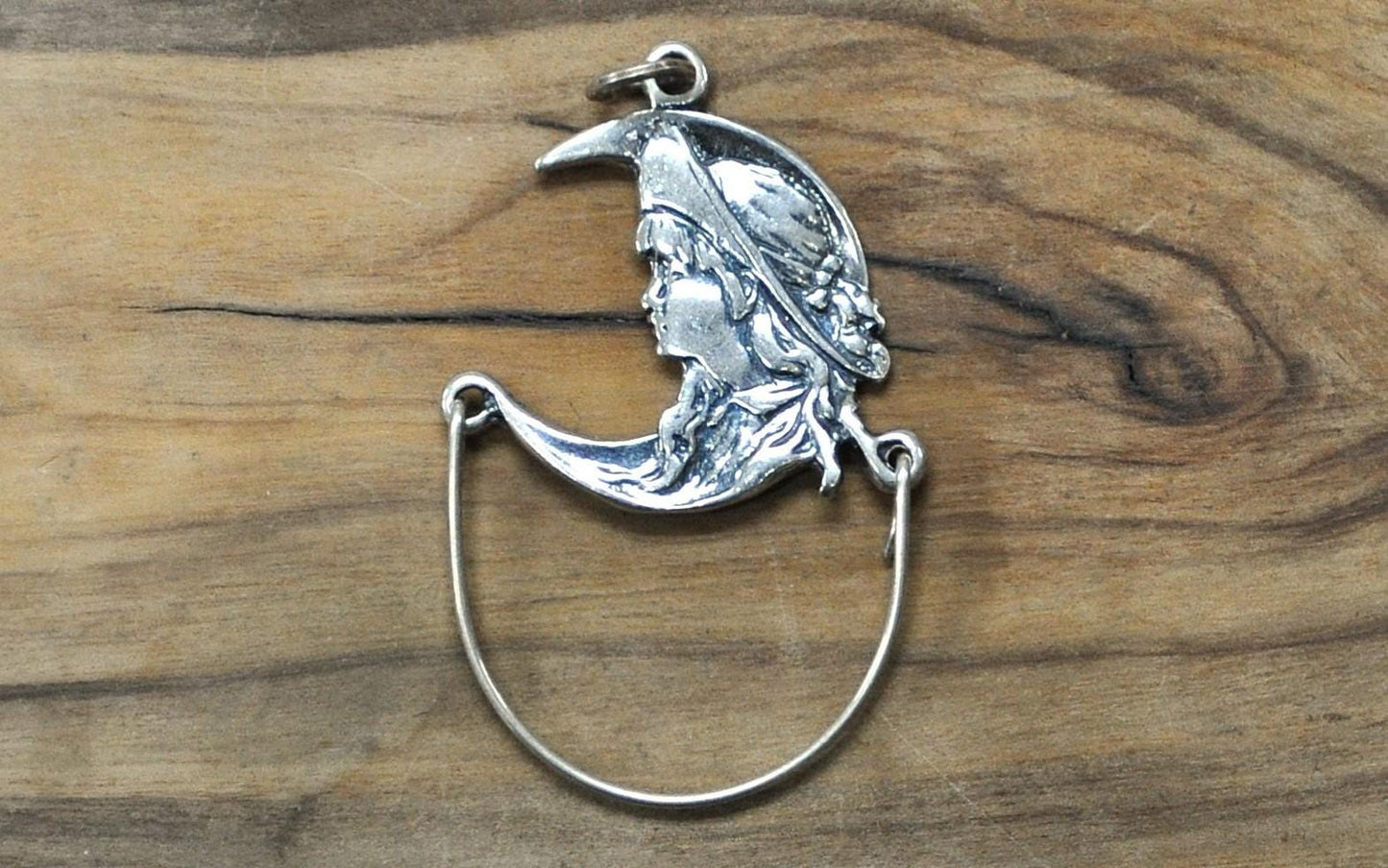 Vintage New Leaf Sterling Silver Girl on Moon Charm Holder - New Leaf Signed Sterling Charm Holder - Vintage Girl Crescent Moon Charm Holder