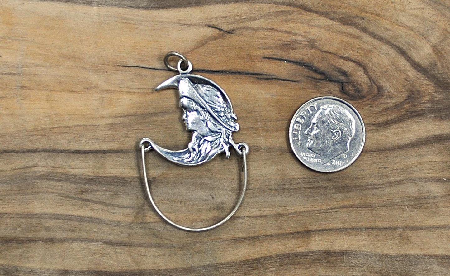 Vintage New Leaf Sterling Silver Girl on Moon Charm Holder - New Leaf Signed Sterling Charm Holder - Vintage Girl Crescent Moon Charm Holder