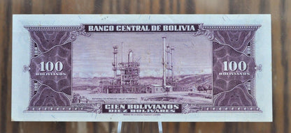 1945 Bolivia 100 Bolivianos /10 Bolivares Note - Uncirculated Grade - Series J1 - UNC 1945 Bolivian One Hundred Bolivianos Note - P#147