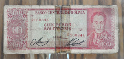 1962 Central Bank of Bolivia 100 Pesos Bolivianos Note - Rarer Large Wide Signatures Issue - 1962 One Hundred Pesos Bolivianos Note - P#157a