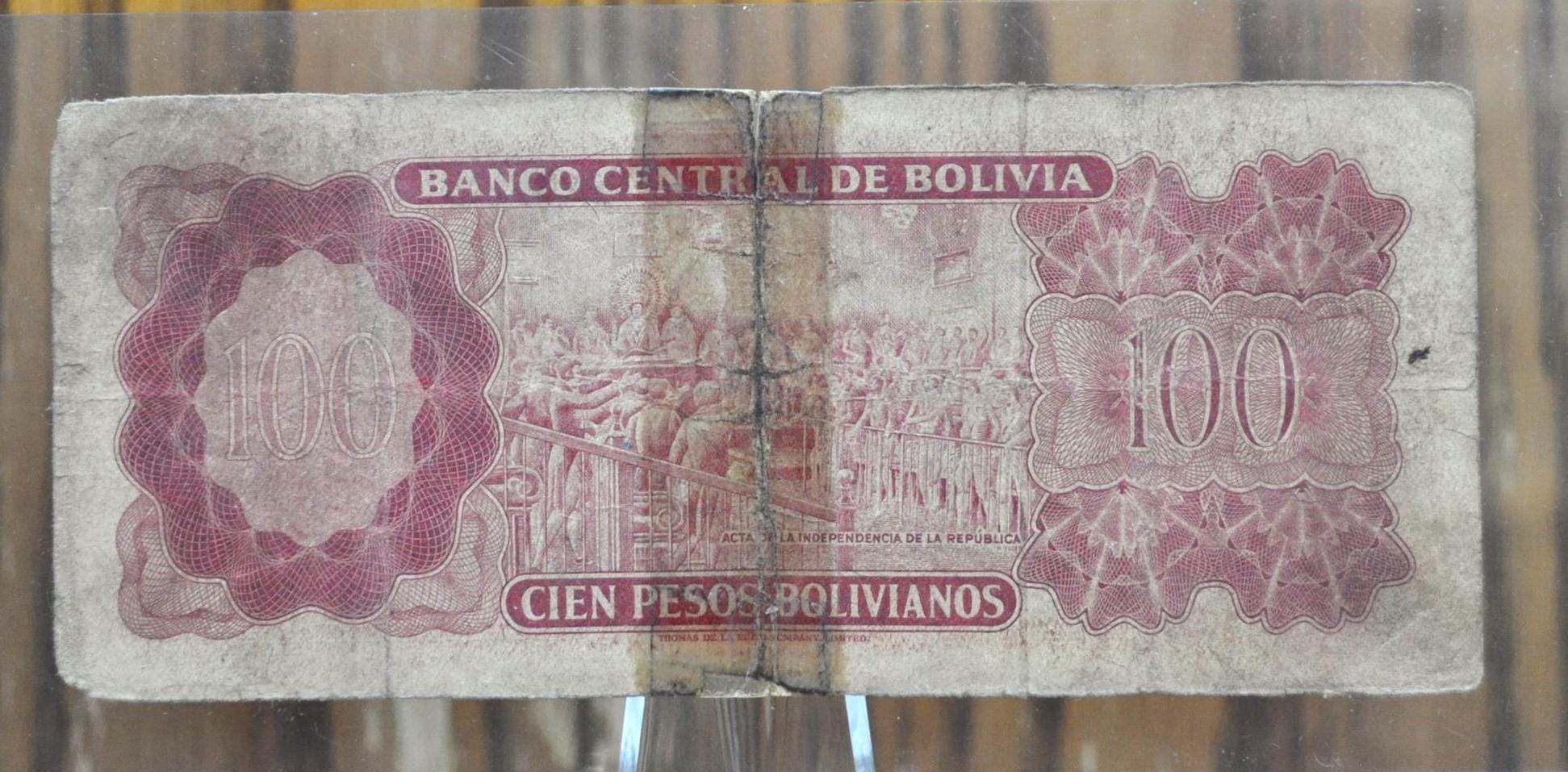 1962 Central Bank of Bolivia 100 Pesos Bolivianos Note - Rarer Large Wide Signatures Issue - 1962 One Hundred Pesos Bolivianos Note - P#157a