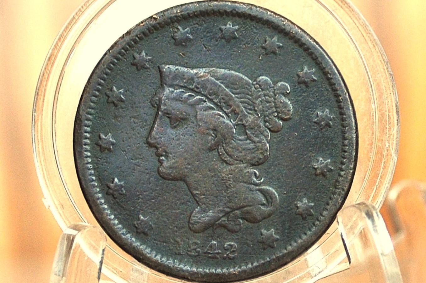 1842 Braided Hair Large Cent - F (Fine), Small Date Type - 1842 Coronet Cent - 1842 US Large Cent - Braided Hair 1839 to 1857