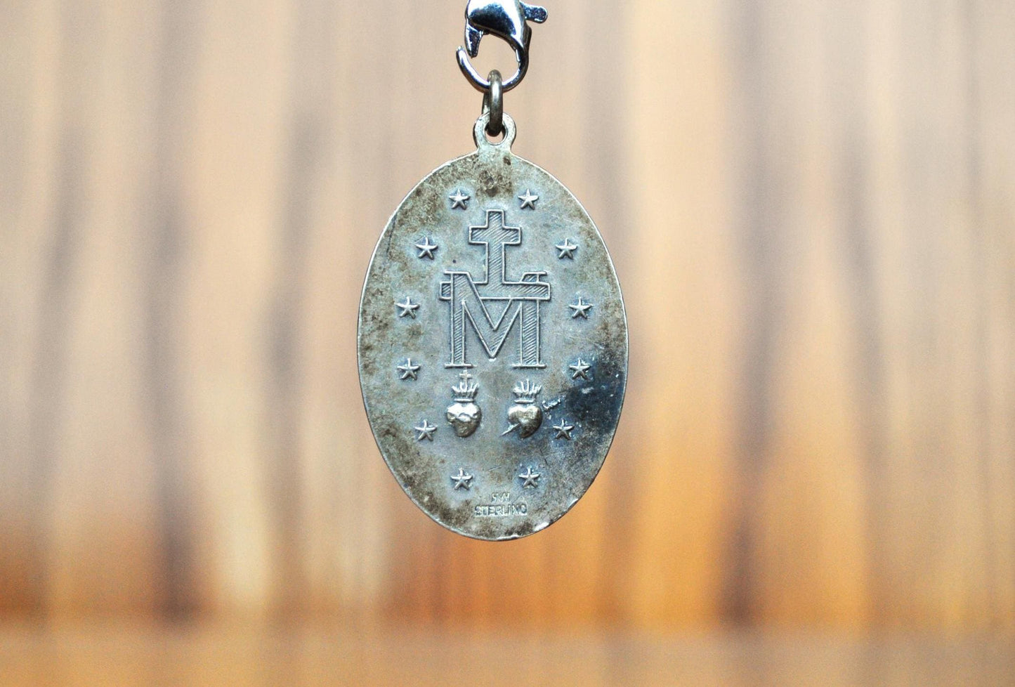 Vintage HMH Religious Mary Mother of Jesus Pendant 1830- Catholic Miraculous Pendant Sterling Creed - Virgin Mary Sterling Creed HMH Charm