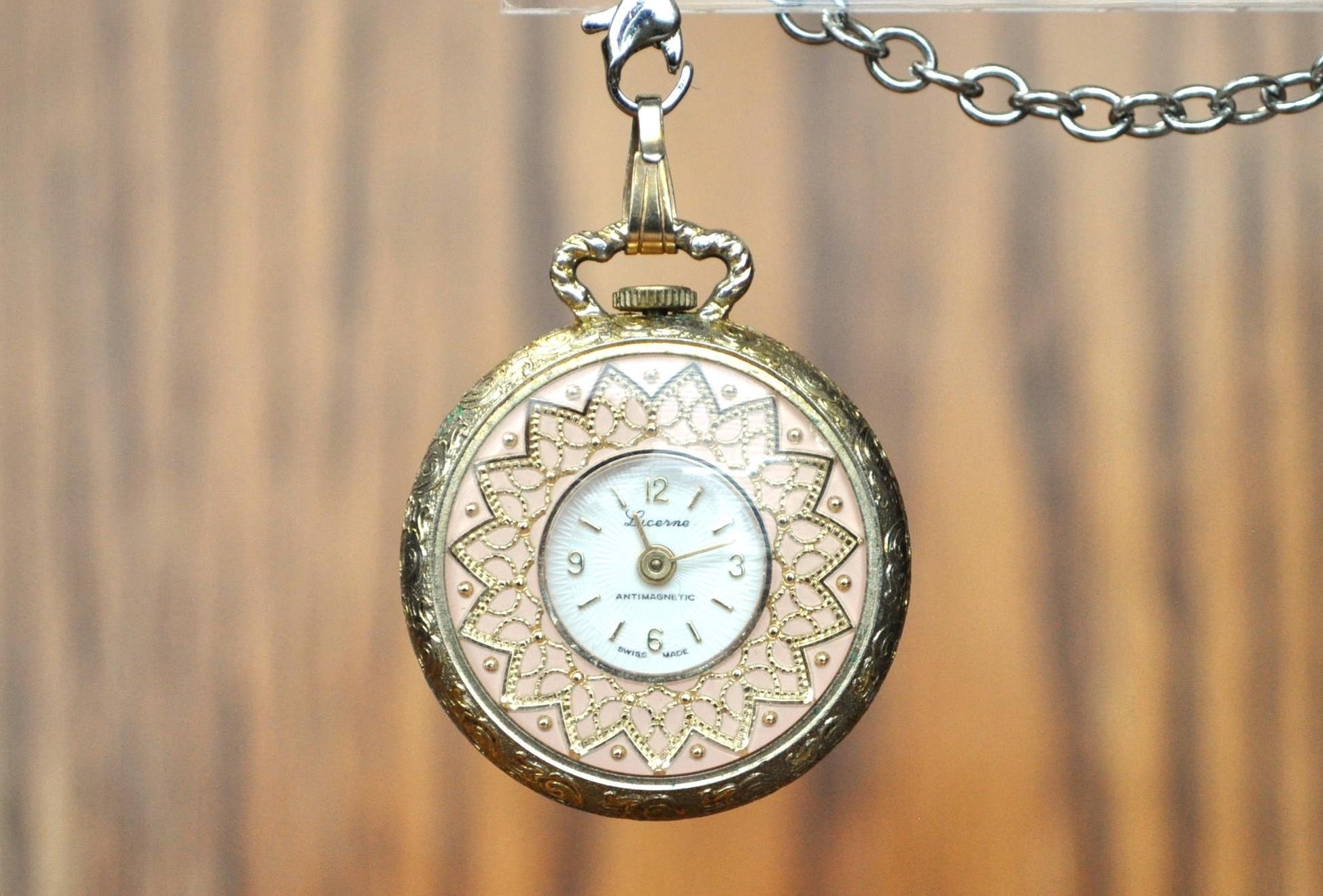 Vintage Lucerne Gold Tone Pocket Watch Pendant - Antique Gold Tone Watch - Not Working!