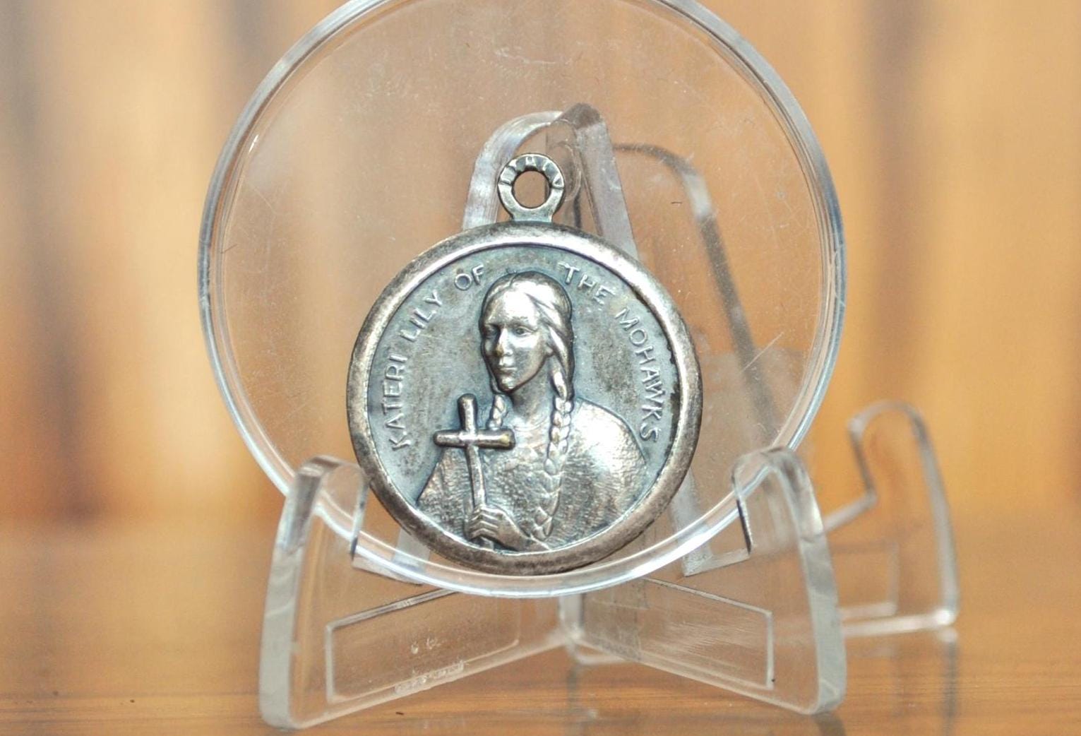 Vintage Saint Ketari Tekakwitha Lily of The Mohawks Circular Charm - Lily of The Mohawks Charm - Saint Ketari Tekakwitha Charm Pendant