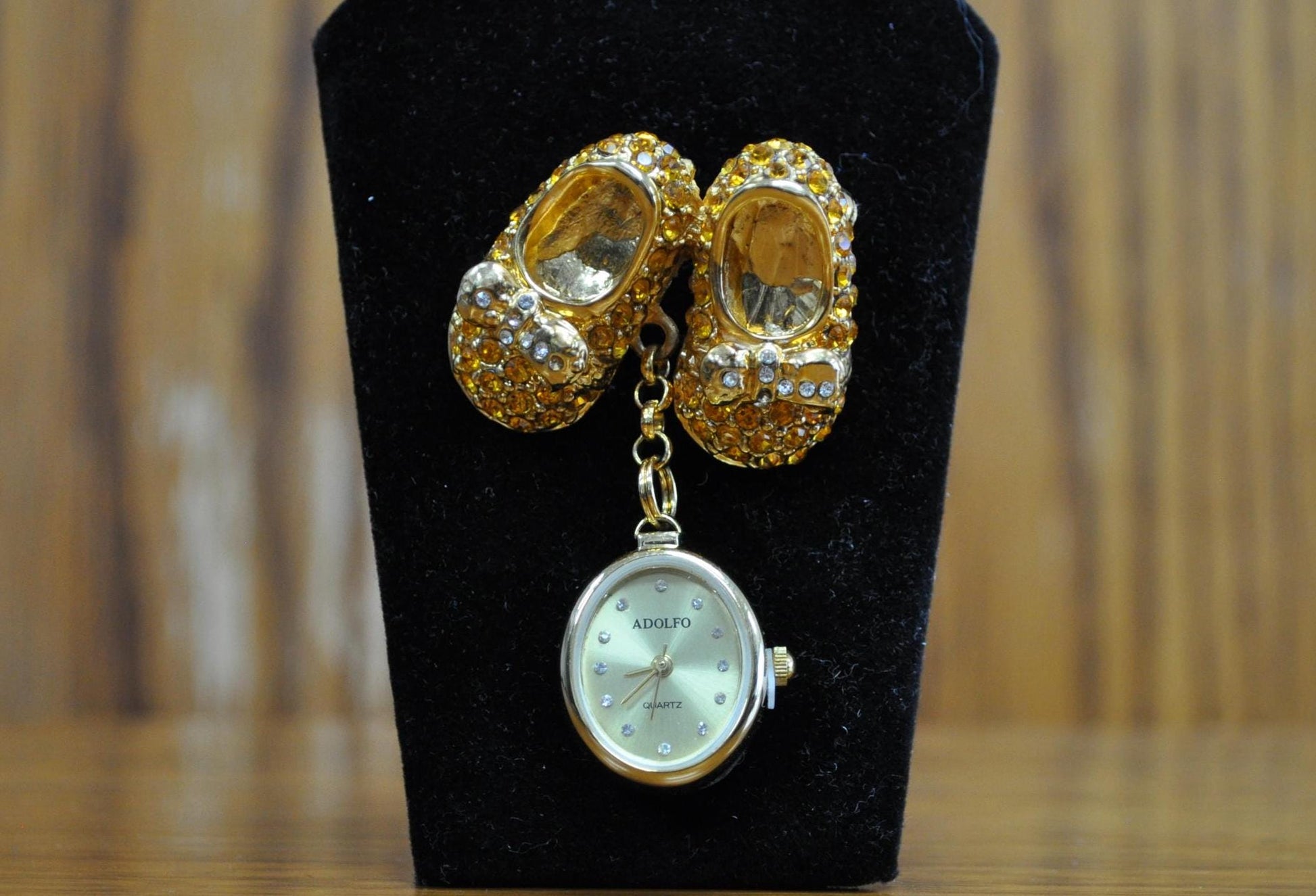 Antique Aldolfo Watch Pin With Gold Tone Dangling Shoes Pin - Gold Tone Shoes Pin Watch - Does Not Work!