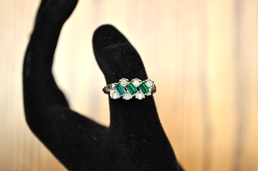 Vintage Avon Silver Toned Classic Evening Emerald Ring - 1960s Evening Ring - Size 5-6.5, Adjustable Band - Avon Signed Silver Emerald Ring