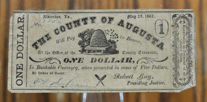 1862 County of Augusta 1 Dollar Note - Virginia Obsolete Currency - May 25, 1862 Issue - 1862 One Dollar Staunton VA Civil War Bank Note
