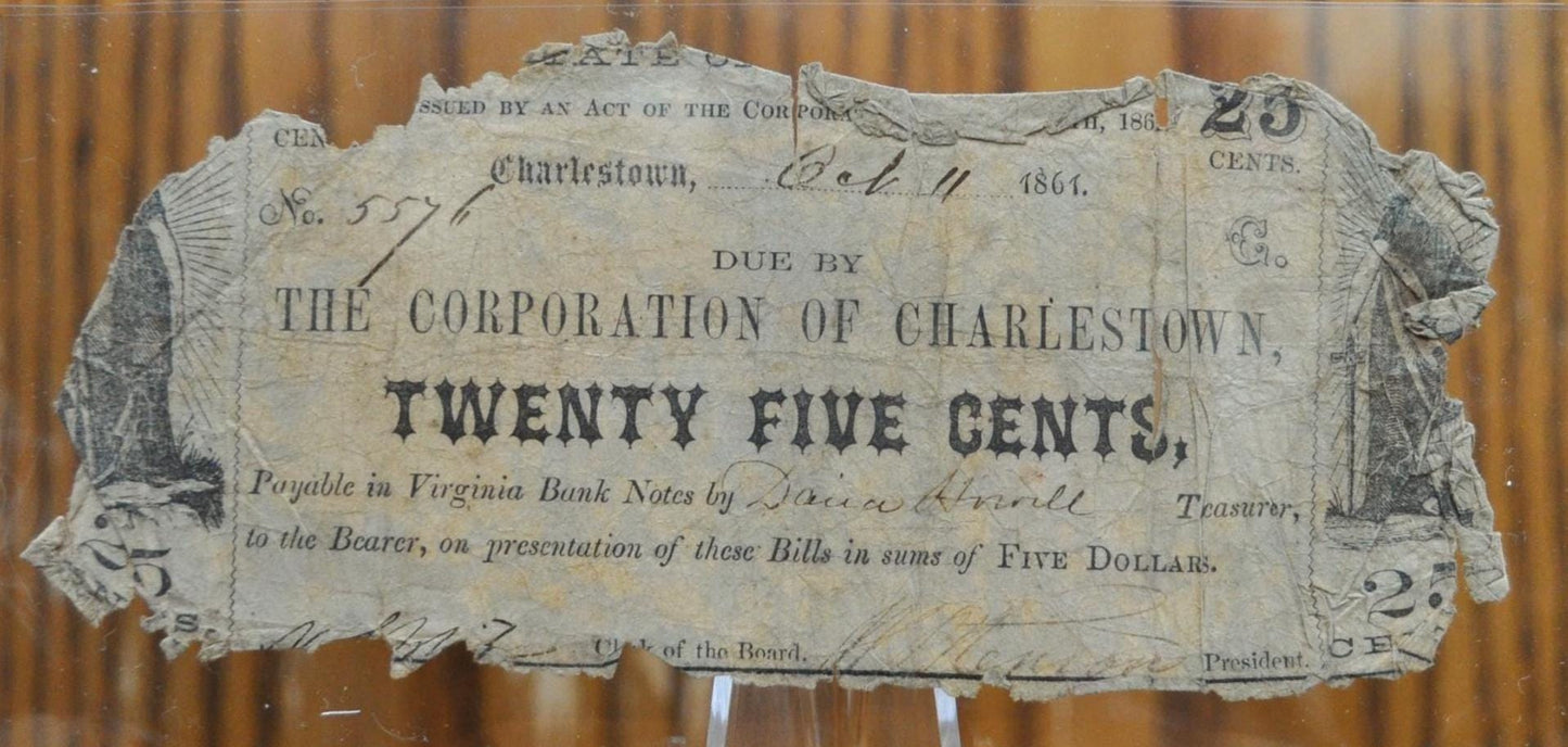 1861 Corporation of Charlestown 25 Cent Obsolete Note - G (Good) - Civil War Era Virginia Obsolete - 1861 Charlestown Twenty-Five Cents Note