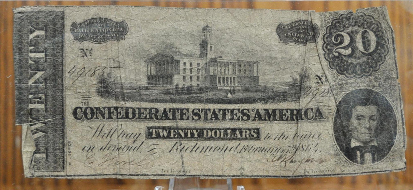 1864 Confederate States of America 20 Dollar Bill - Civil War Issue Banknote - Confederate Twenty Dollar Bill - T-67 / CS-67