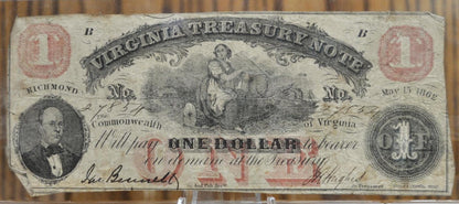 1862 Virginia Treasury Note 1 Dollar Obsolete Banknote - Virginia Confederate Currency - May 15 1862 One Dollar VA Civil War Era Bank Note