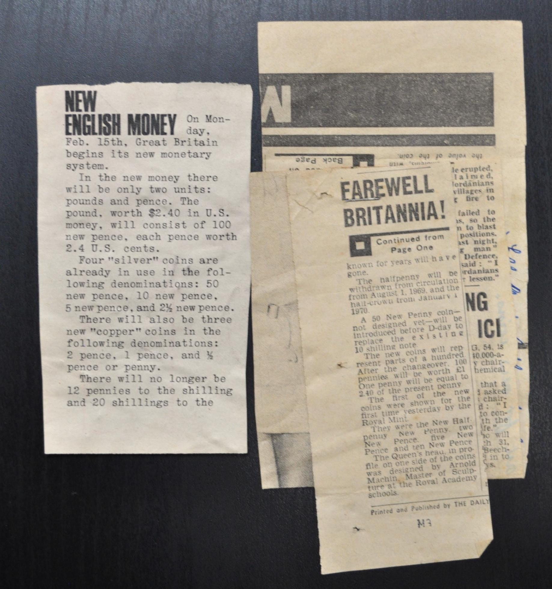 1969-71 British Decimal Day News Articles - Great Britian New Currency - 1971 Decimal Day Newpaper Clippings - British Monetary History